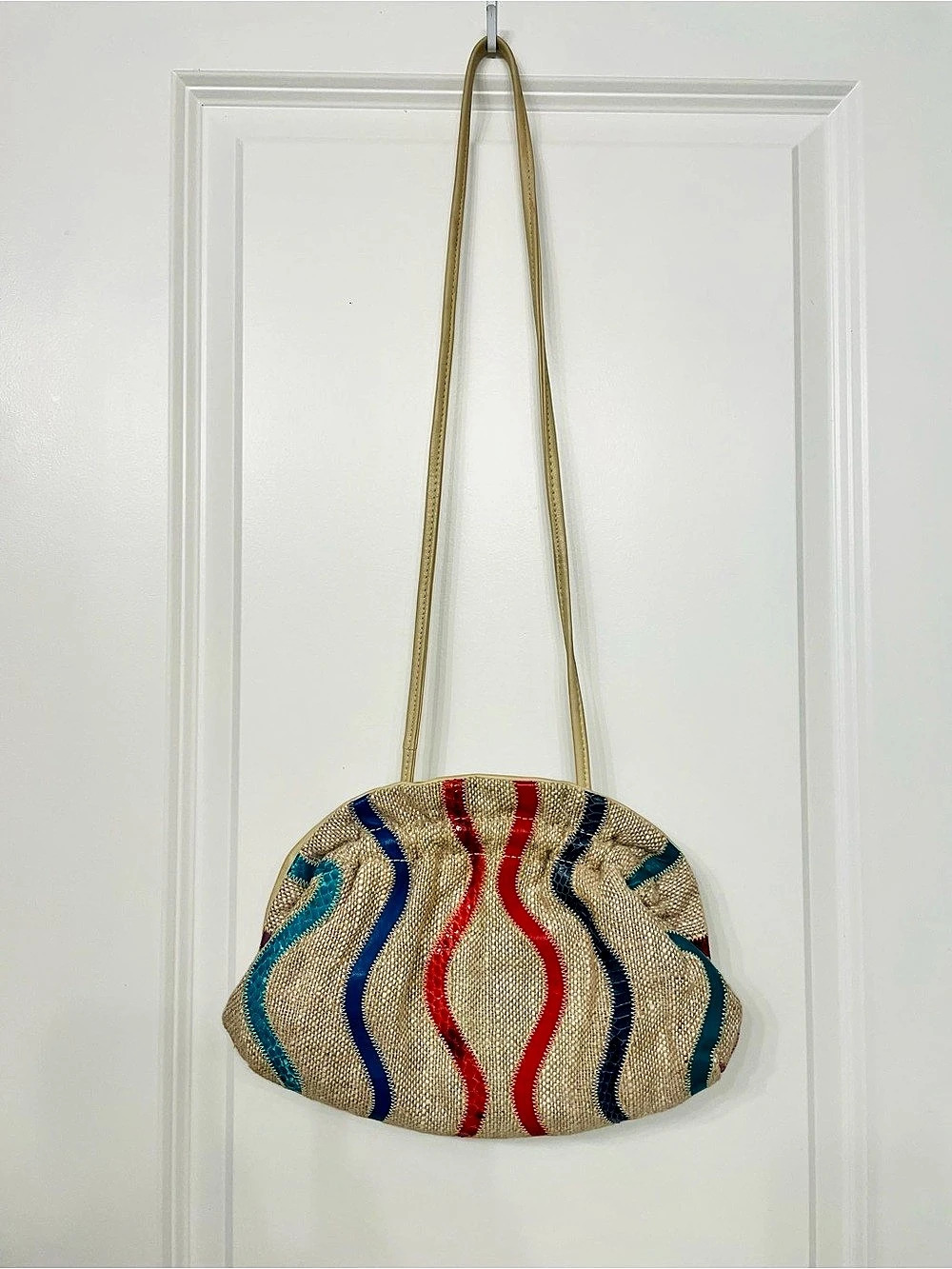 7 Seven Handbags by Dimitri Snakeskin Abstract Crossbody Bag in Beige, Red & Tea